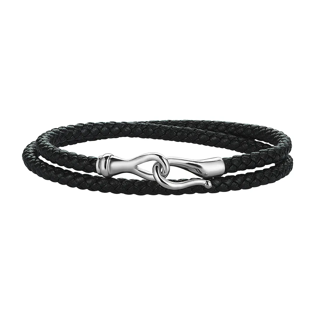Fish Hook Wrap Leather Bracelet in Silver