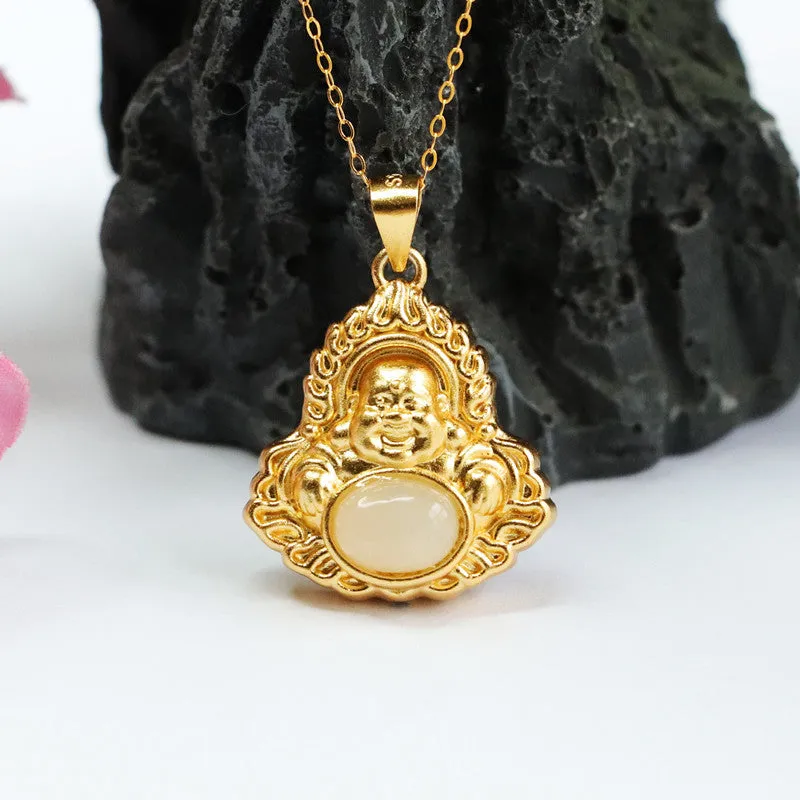 Flame Buddha Necklace with Natural Hotan Jade in Sterling Silver
