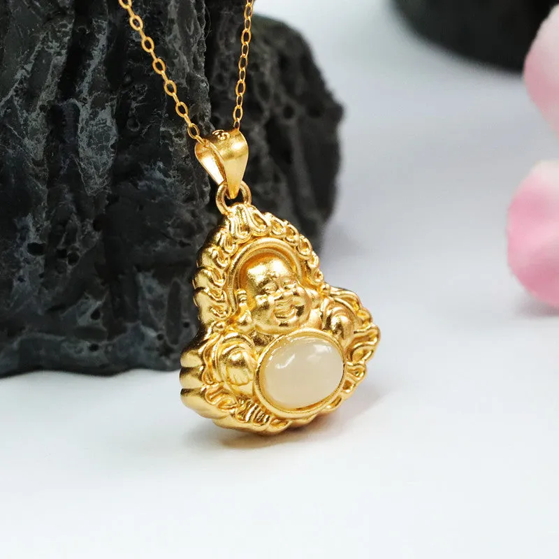 Flame Buddha Necklace with Natural Hotan Jade in Sterling Silver
