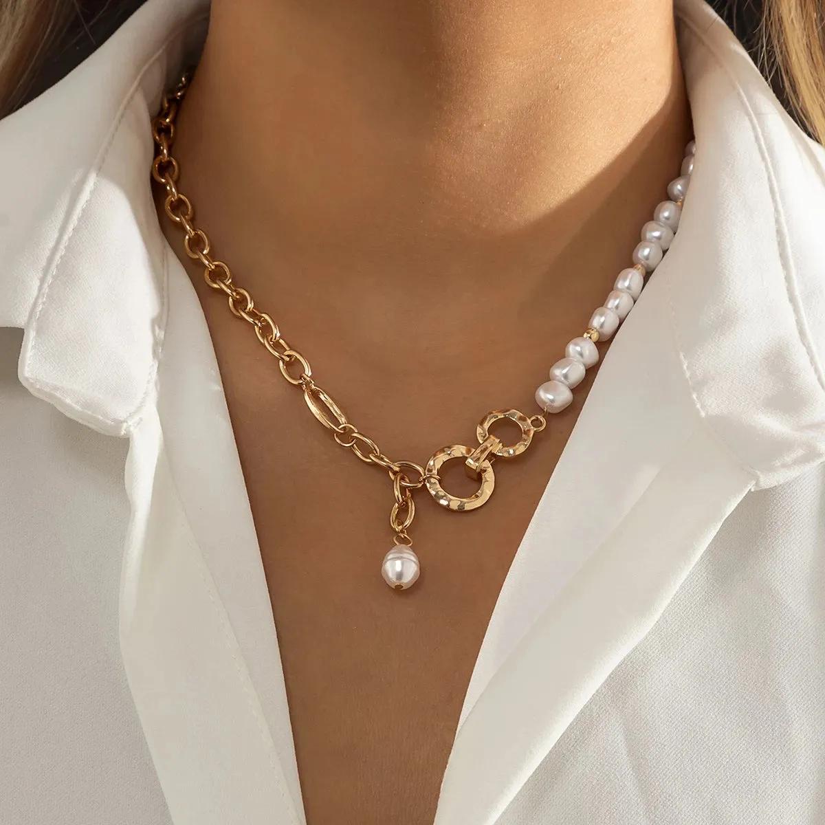 Flytonn-Jade Kpop Irregular Pearl Pendant Necklace
