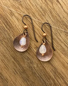 Forged copper teardrop earrings with moonstone