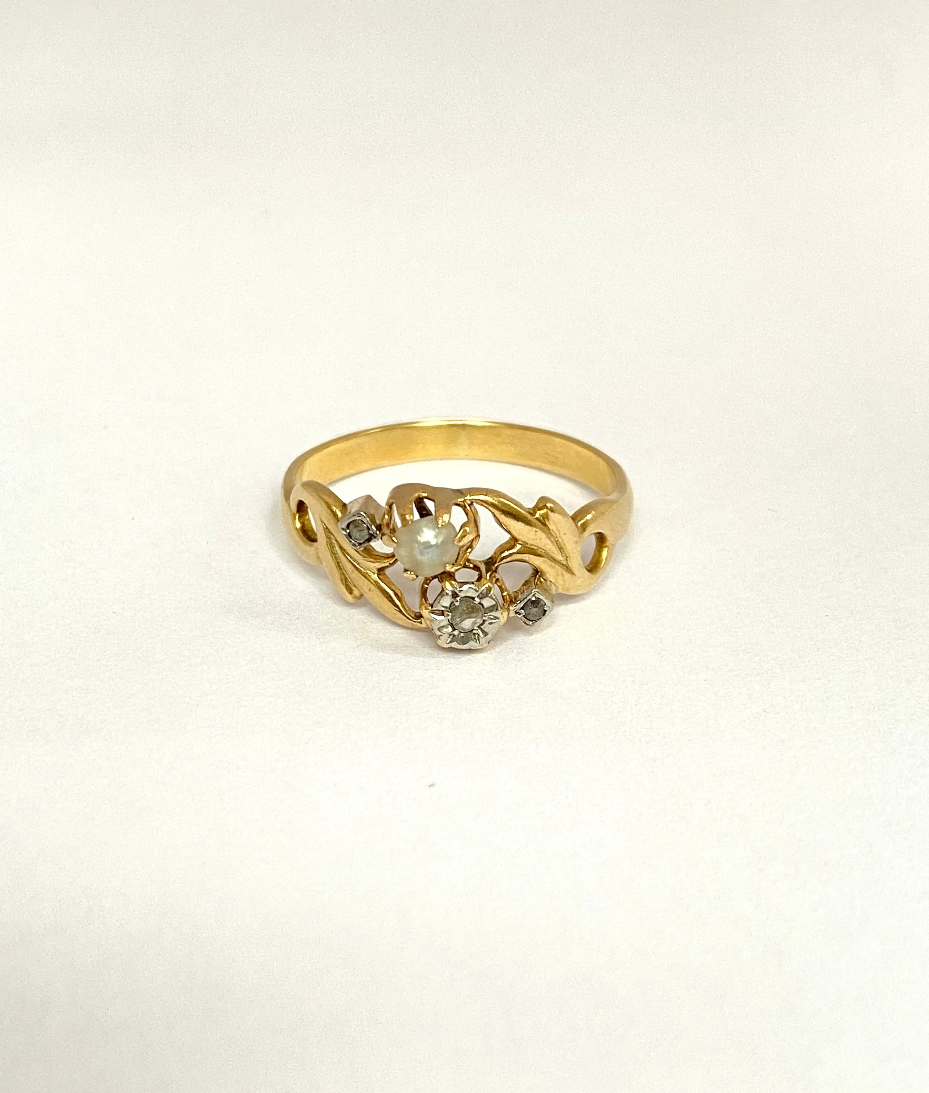 French, Antique, 18ct Gold, Art Nouveau Diamond and Pearl Ring