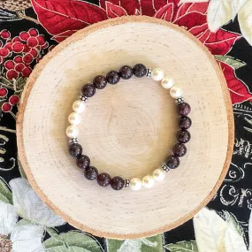 Garnet and Cream Rose Crystal Pearl Stretch Bracelet