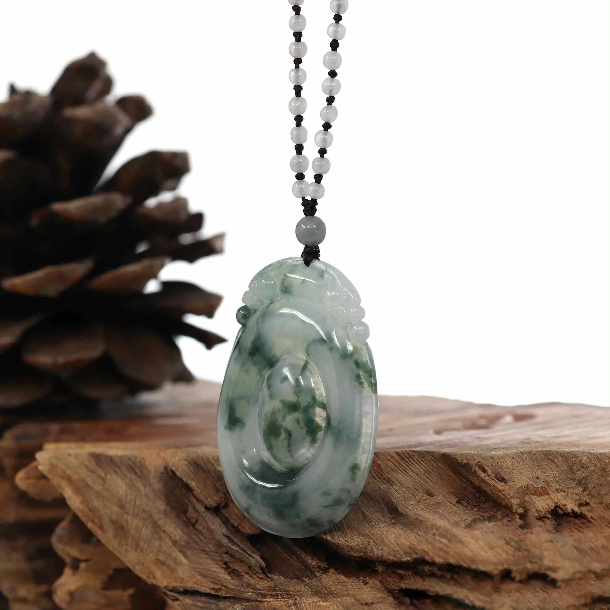 Genuine Ice Blue-Green Jadeite Jade "Good Luck Oval with Dragon Accent" Pendant Necklace With Real Jadeite Bead Necklace