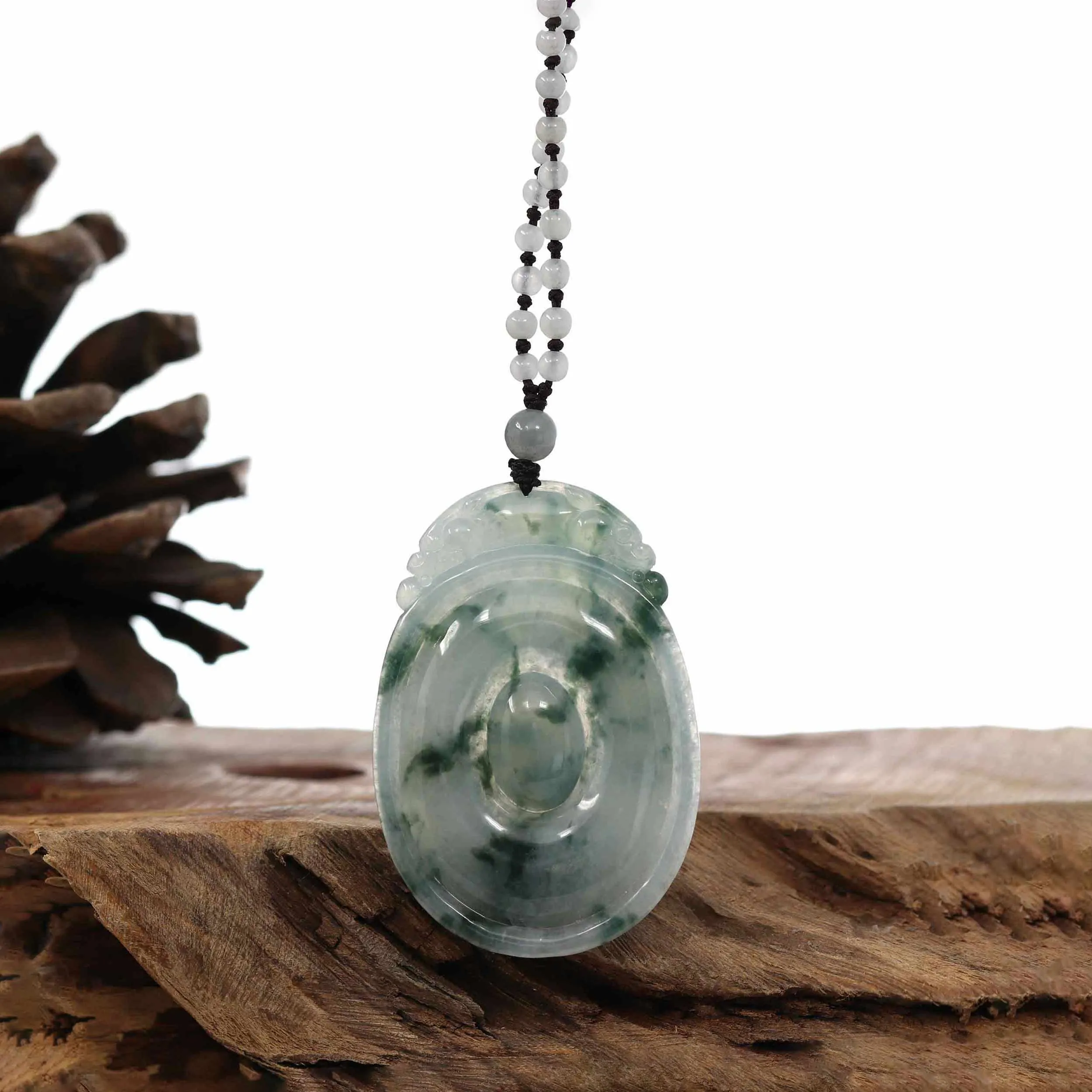 Genuine Ice Blue-Green Jadeite Jade "Good Luck Oval with Dragon Accent" Pendant Necklace With Real Jadeite Bead Necklace