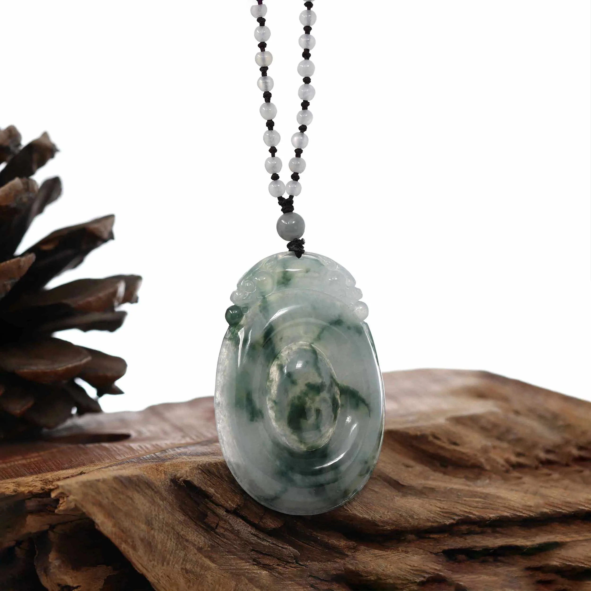 Genuine Ice Blue-Green Jadeite Jade "Good Luck Oval with Dragon Accent" Pendant Necklace With Real Jadeite Bead Necklace