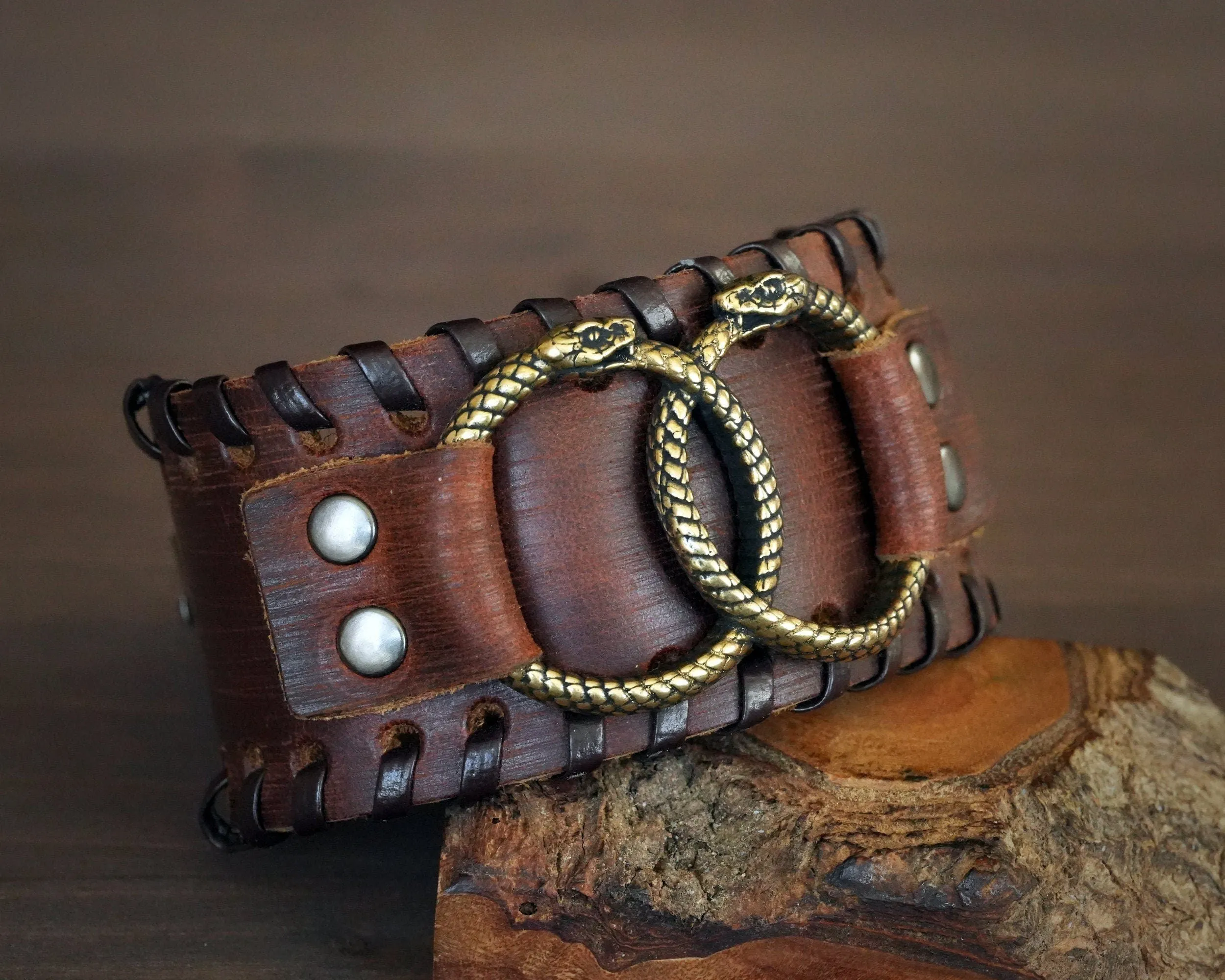 Genuine Leather Bracelet With Ouroboros Snake viper Ring For Men Women, Adjustable Wrap, Ethnic Tribal Braided Bracelet Wristbands Iternity