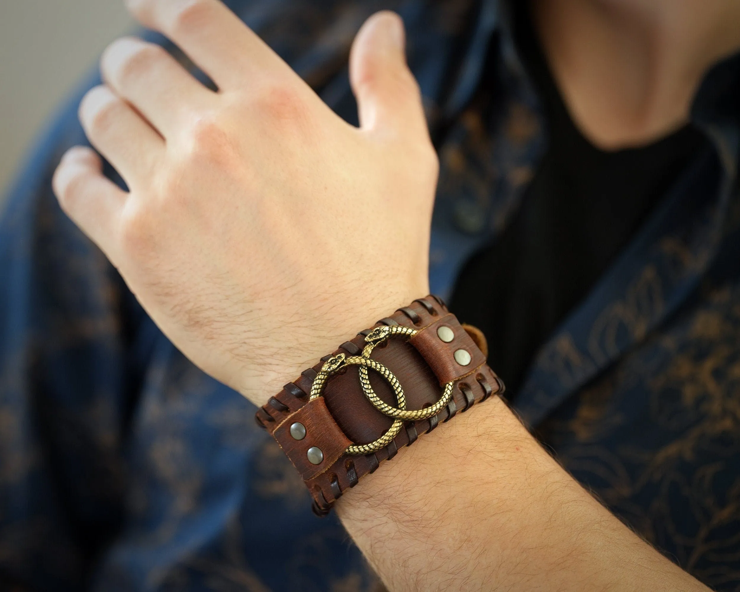Genuine Leather Bracelet With Ouroboros Snake viper Ring For Men Women, Adjustable Wrap, Ethnic Tribal Braided Bracelet Wristbands Iternity
