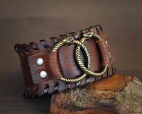 Genuine Leather Bracelet With Ouroboros Snake viper Ring For Men Women, Adjustable Wrap, Ethnic Tribal Braided Bracelet Wristbands Iternity