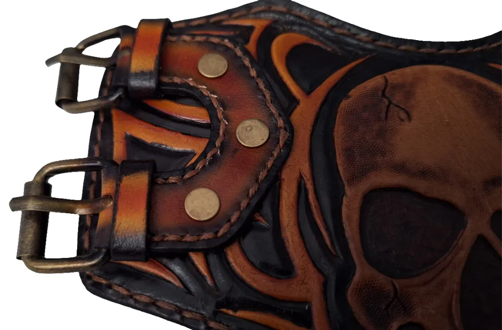 Genuine Leather Handcrafted Custom Skull Tribal Cuff Bracelet
