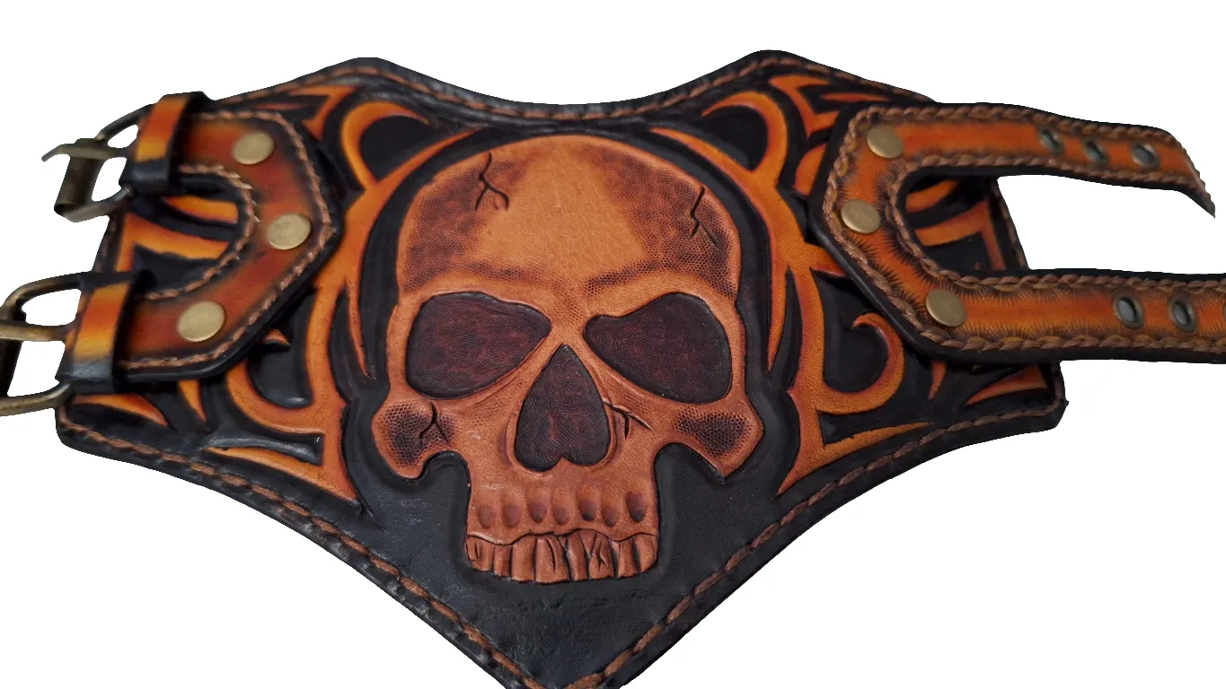 Genuine Leather Handcrafted Custom Skull Tribal Cuff Bracelet