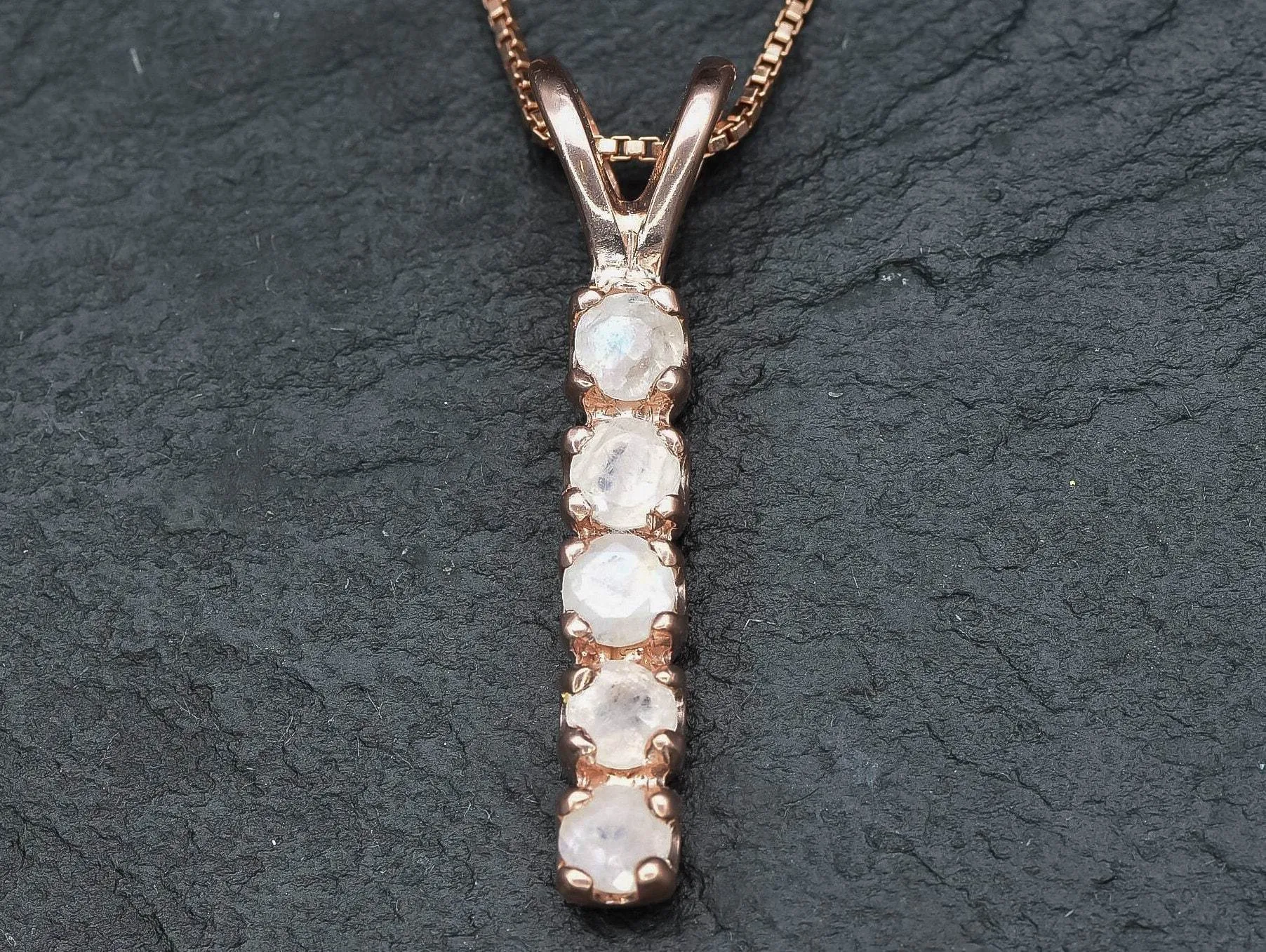 Genuine Moonstone Pendant - Rose Gold Necklace - Dainty Vertical Pendant