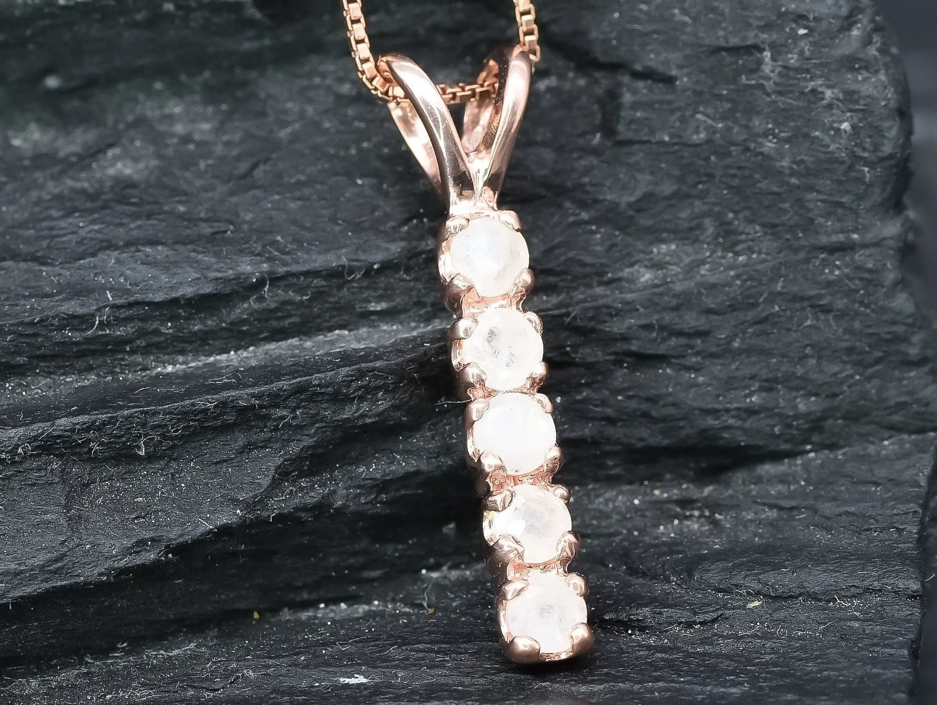 Genuine Moonstone Pendant - Rose Gold Necklace - Dainty Vertical Pendant