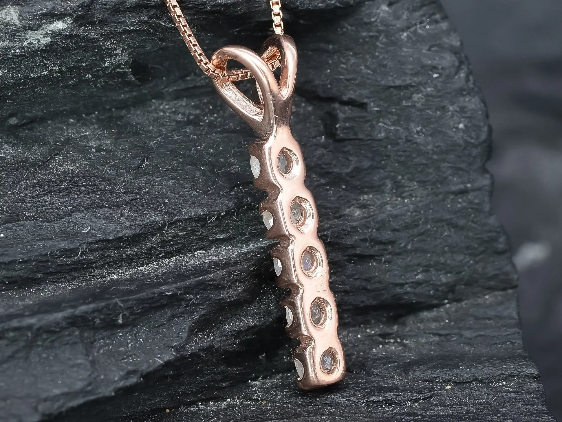 Genuine Moonstone Pendant - Rose Gold Necklace - Dainty Vertical Pendant