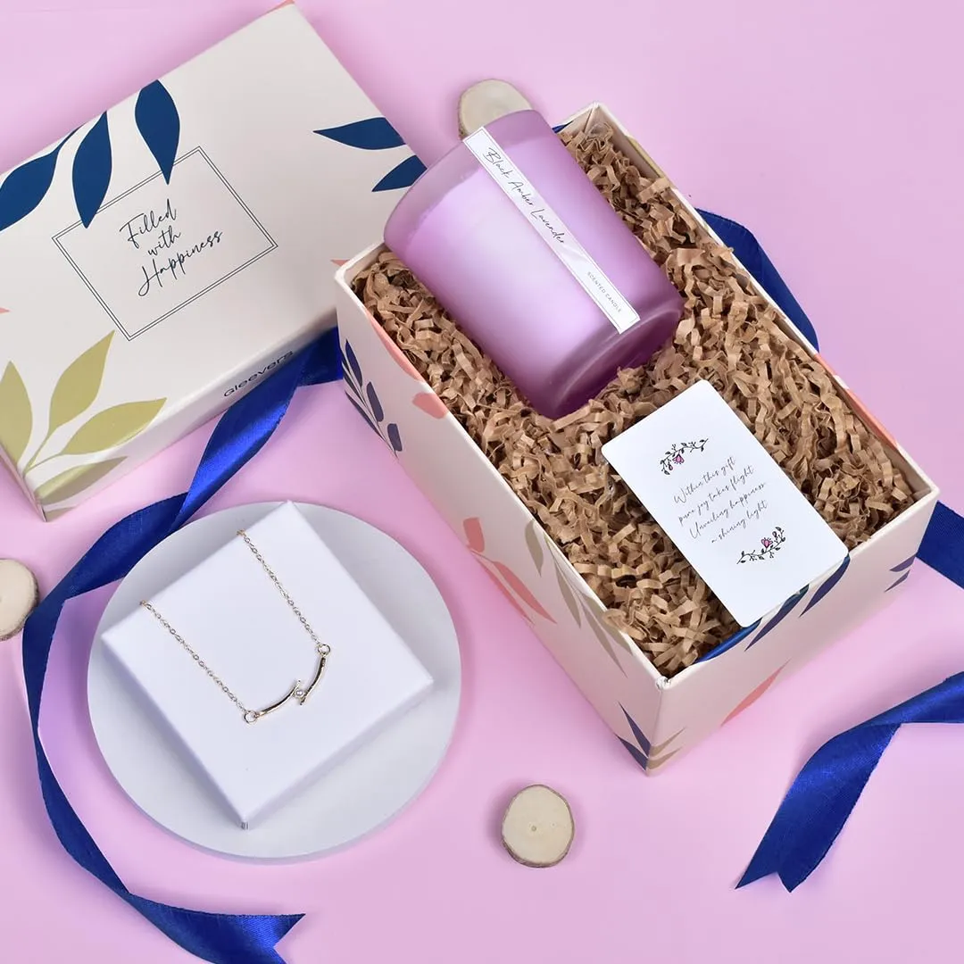 Gleevers Gift Set for Women|Gift Box of 2 with Black Amber Lavender Candle 250g & Pearl Pendant Necklace|Birthday Gift,Anniversary Gift, Valentine Gift, Secret Santa Gifts
