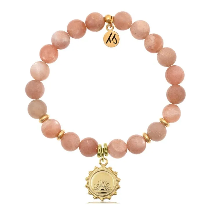 Gold Collection: Peach Moonstone Stone Bracelet with Sunsets Gold Charm