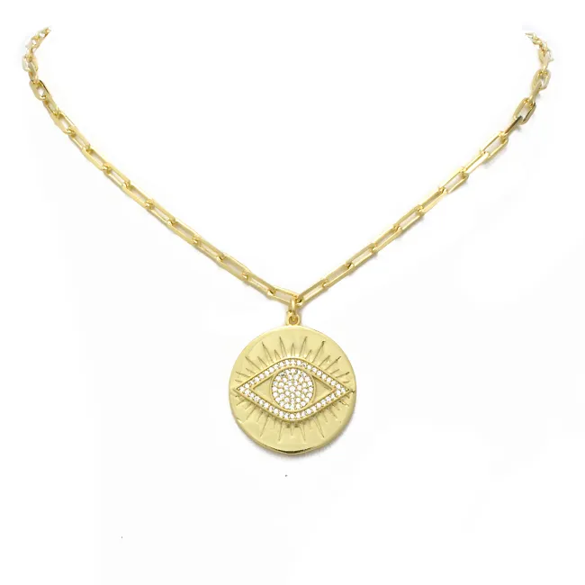 Gold CZ Evil Eye Chain Link Pendant Necklace