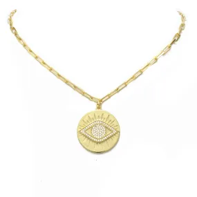 Gold CZ Evil Eye Chain Link Pendant Necklace