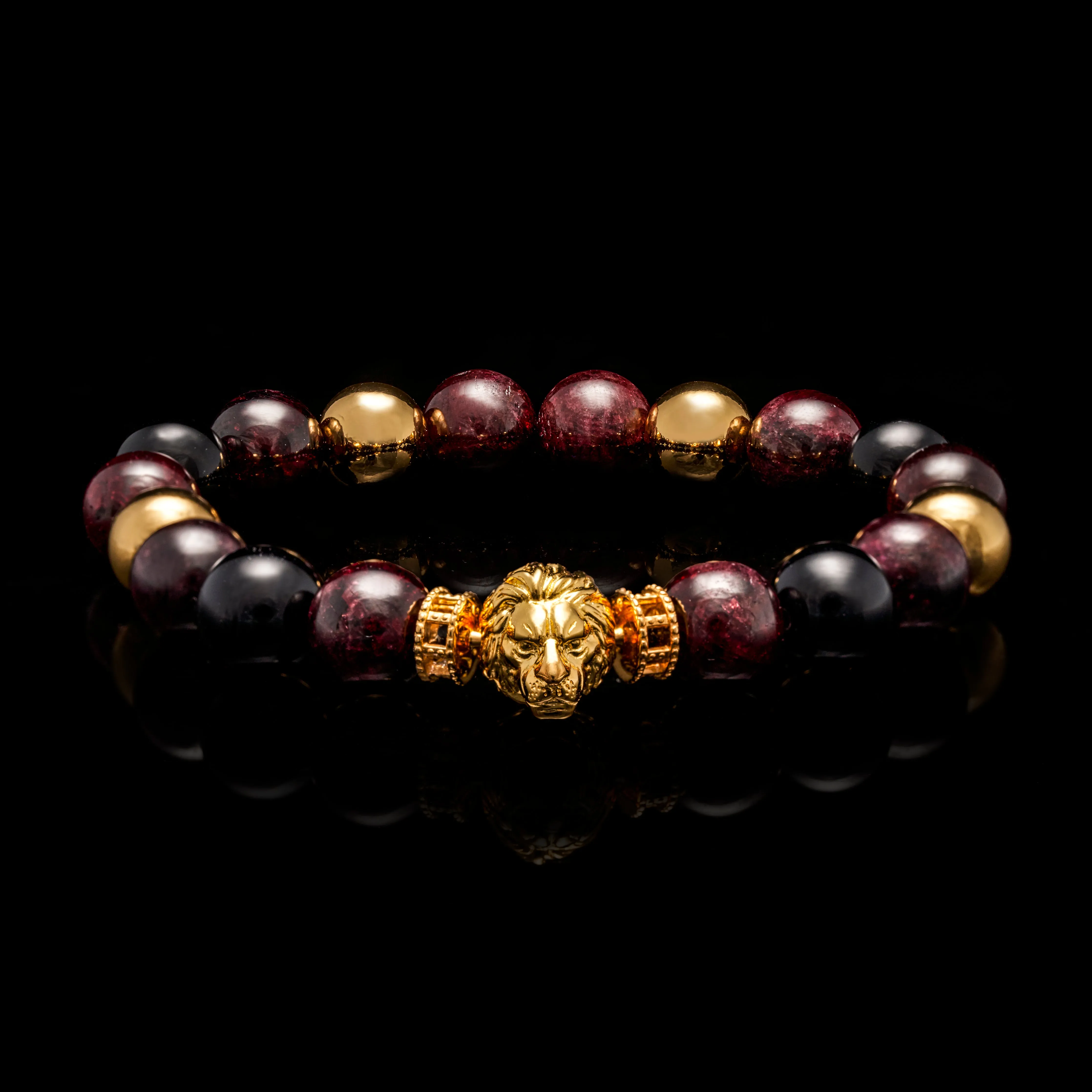 Gold Lion Bracelet in Garnet, Obsidian
