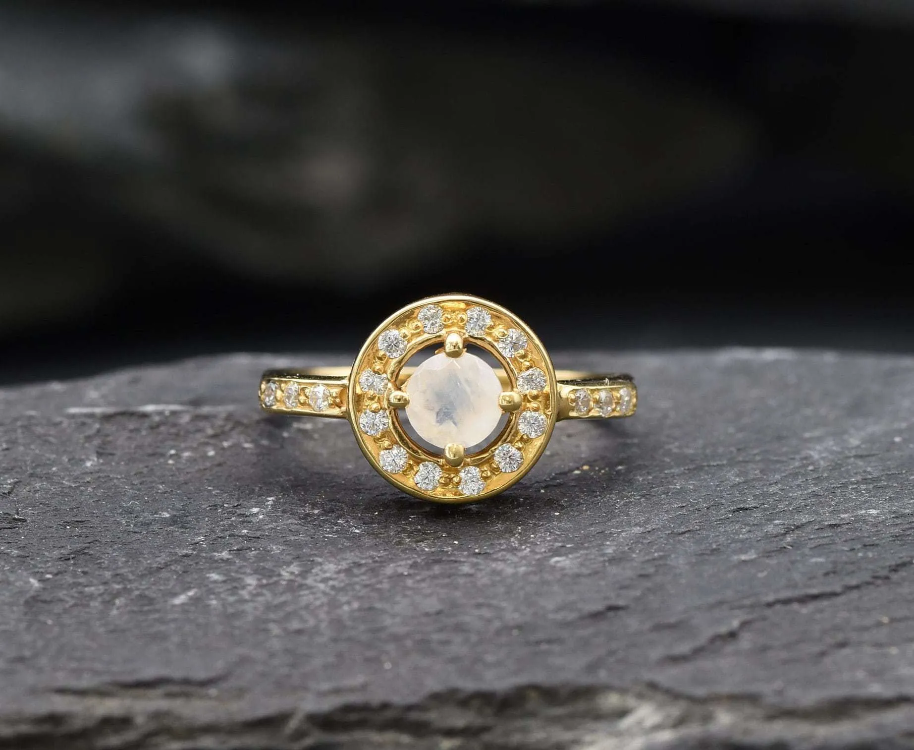 Gold Moonstone Ring - Halo Ring, Natural Moonstone Ring, Moonstone Vintage Ring