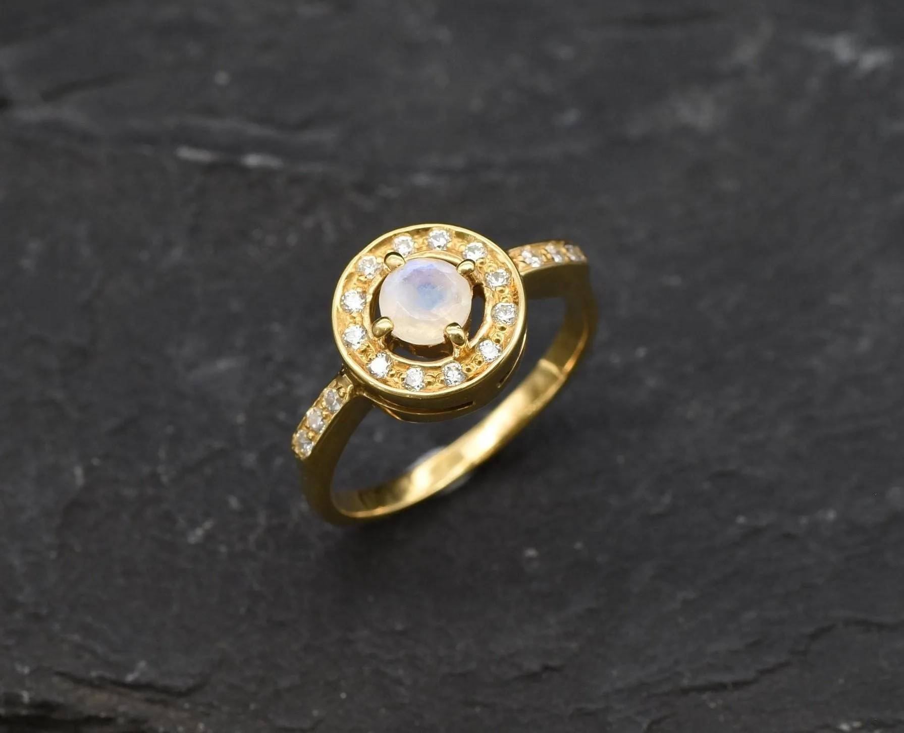 Gold Moonstone Ring - Halo Ring, Natural Moonstone Ring, Moonstone Vintage Ring