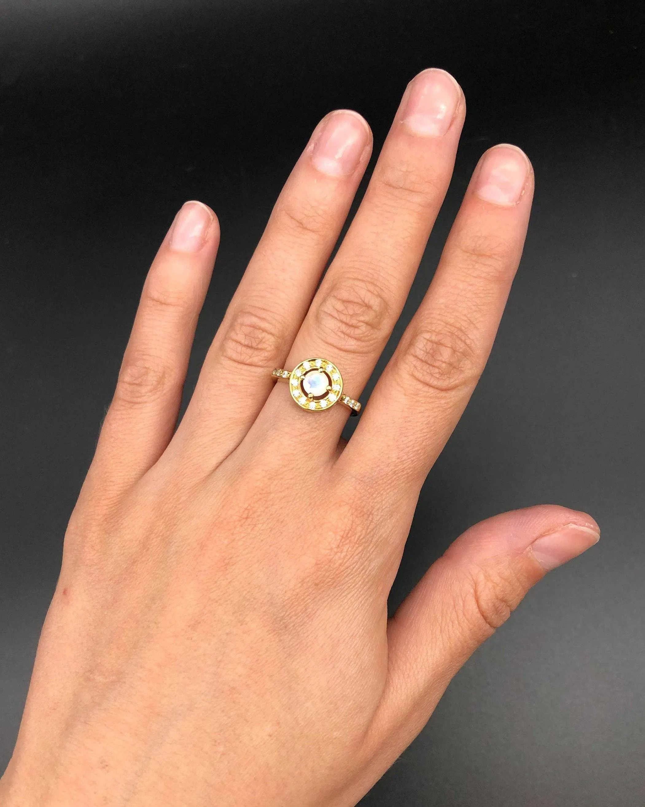 Gold Moonstone Ring - Halo Ring, Natural Moonstone Ring, Moonstone Vintage Ring