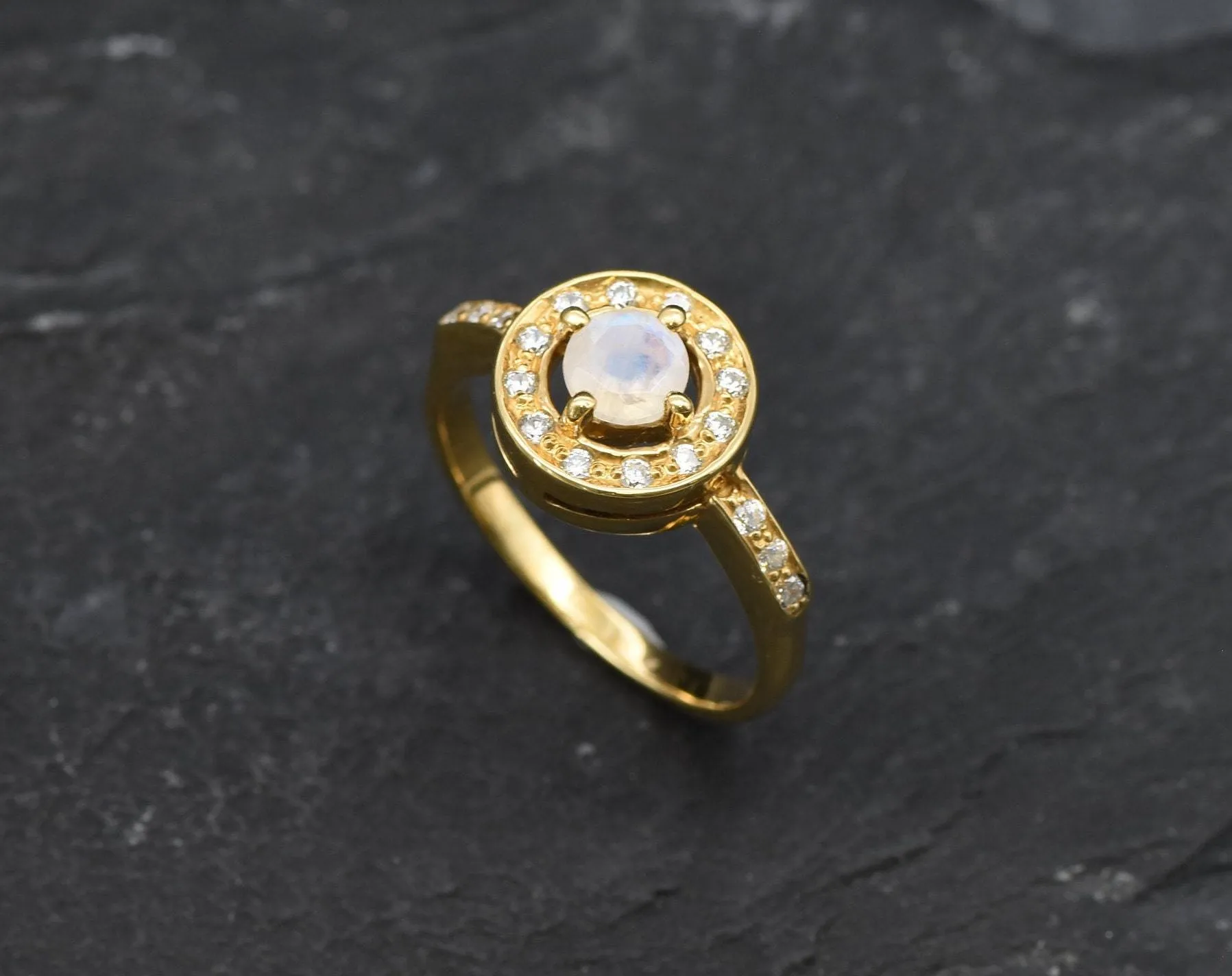 Gold Moonstone Ring - Halo Ring, Natural Moonstone Ring, Moonstone Vintage Ring