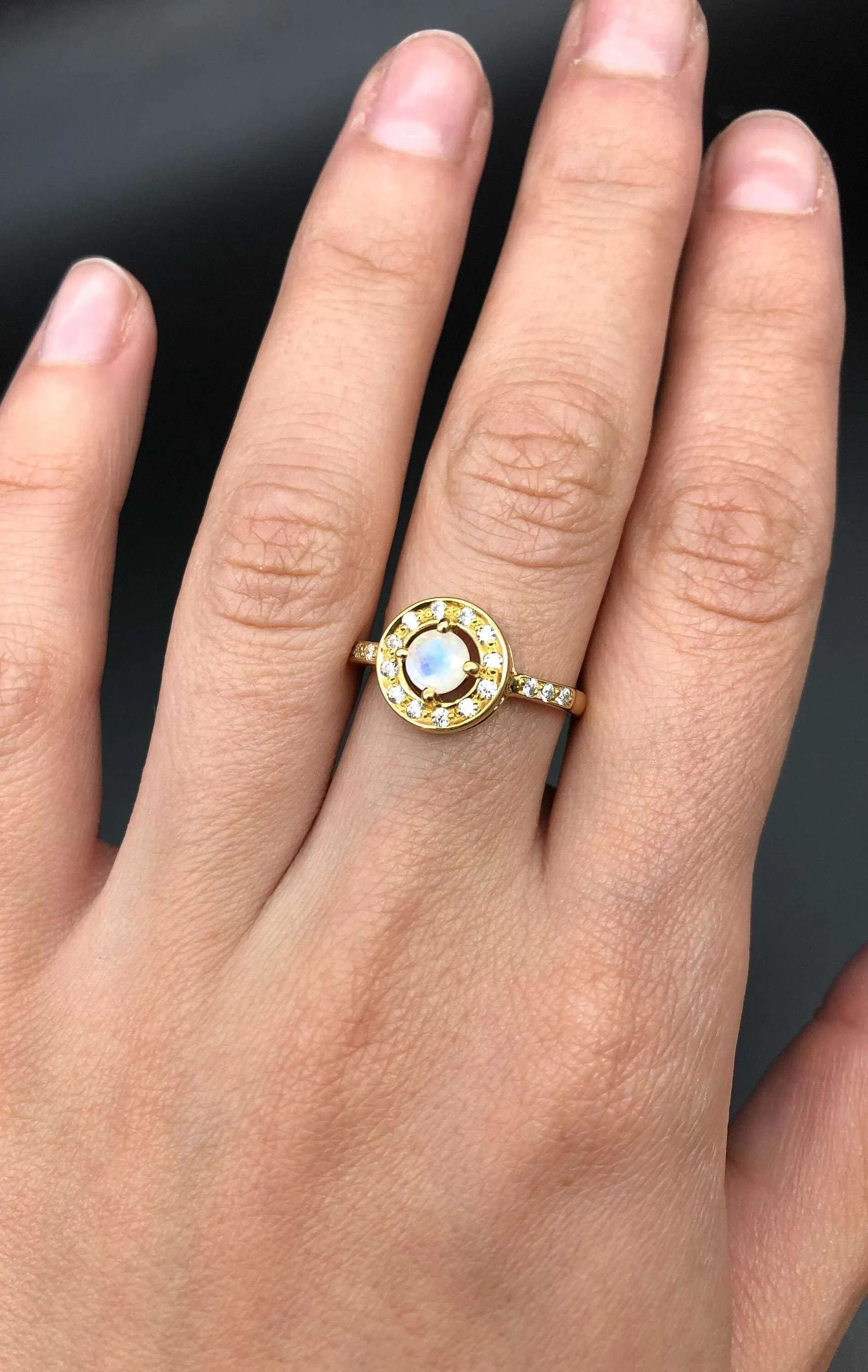 Gold Moonstone Ring - Halo Ring, Natural Moonstone Ring, Moonstone Vintage Ring
