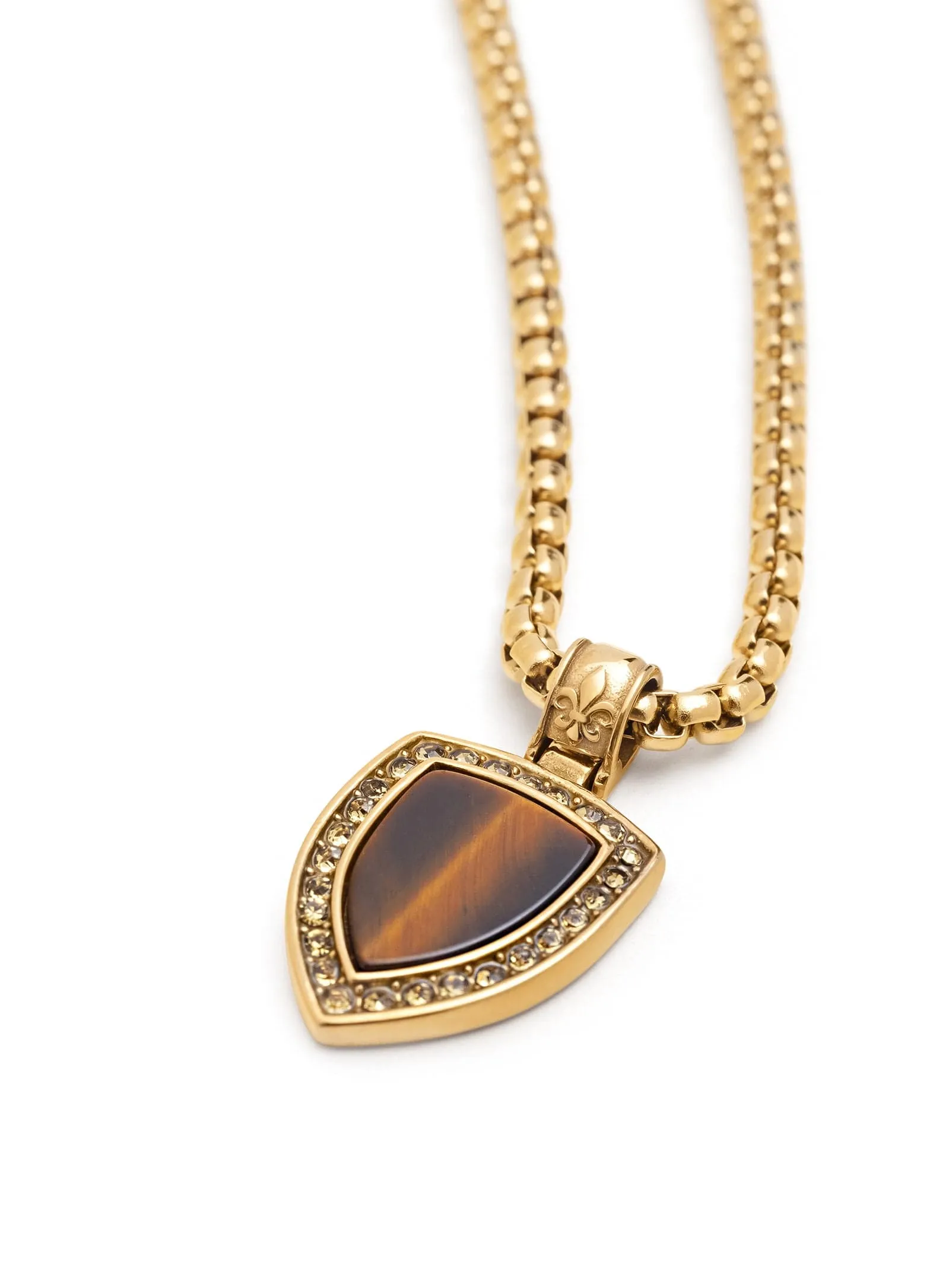 Gold Necklace with Brown Tiger Eye Shield Pendant