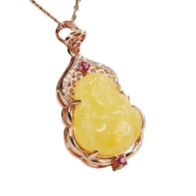 Golden Buddha Pendant Necklace with Amber Gemstones and Zircon Accents