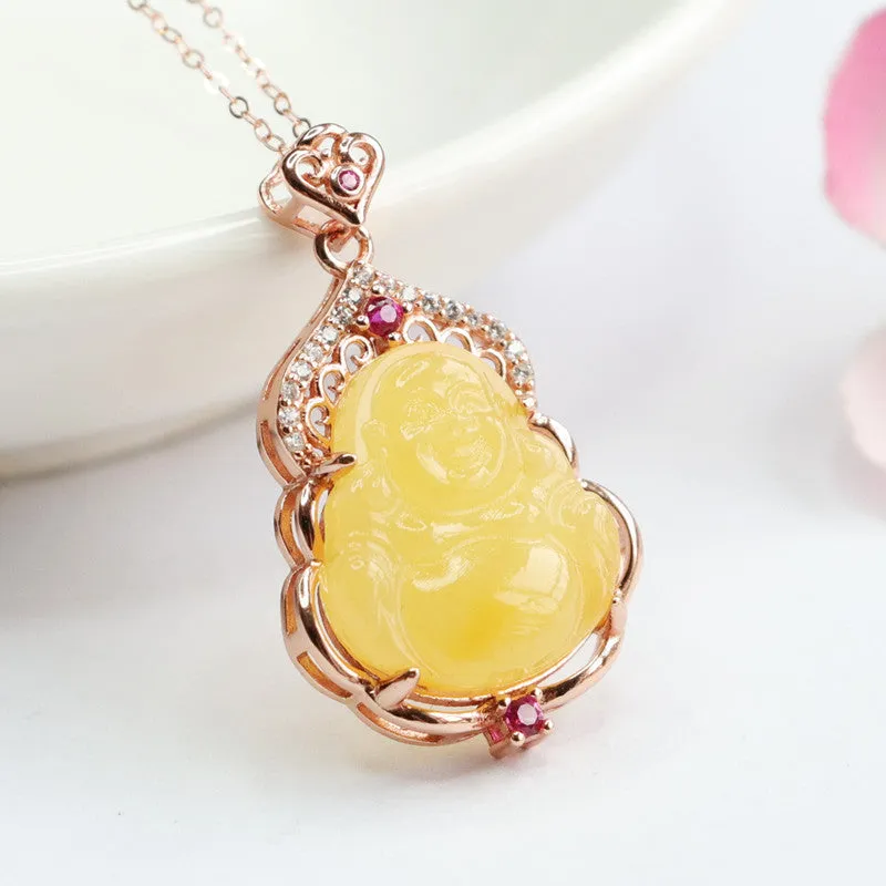 Golden Buddha Pendant Necklace with Amber Gemstones and Zircon Accents