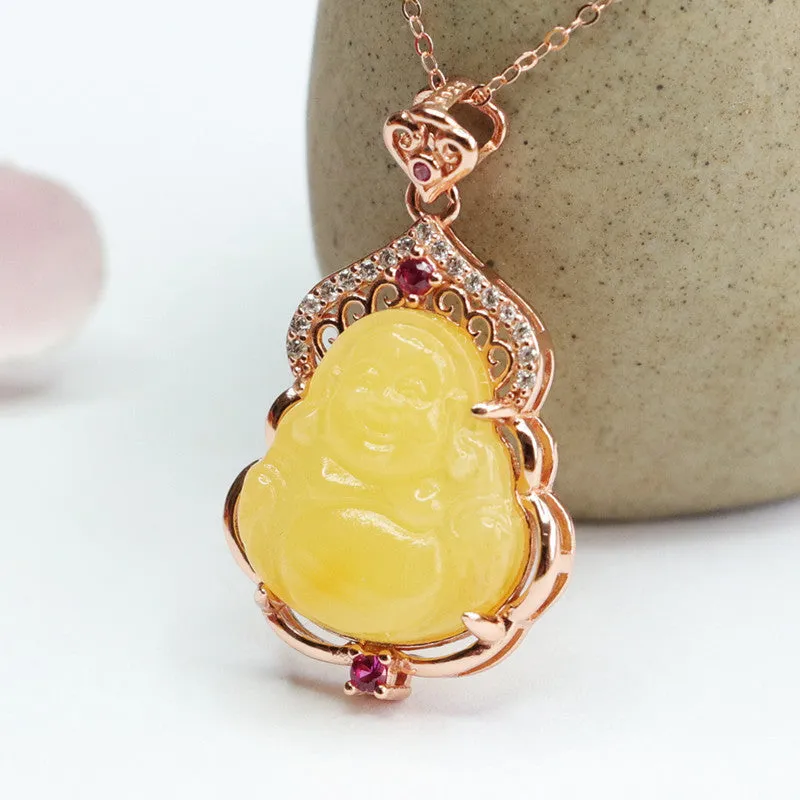 Golden Buddha Pendant Necklace with Amber Gemstones and Zircon Accents