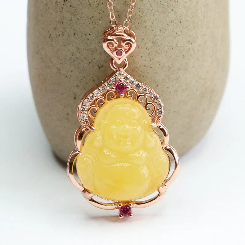 Golden Buddha Pendant Necklace with Amber Gemstones and Zircon Accents