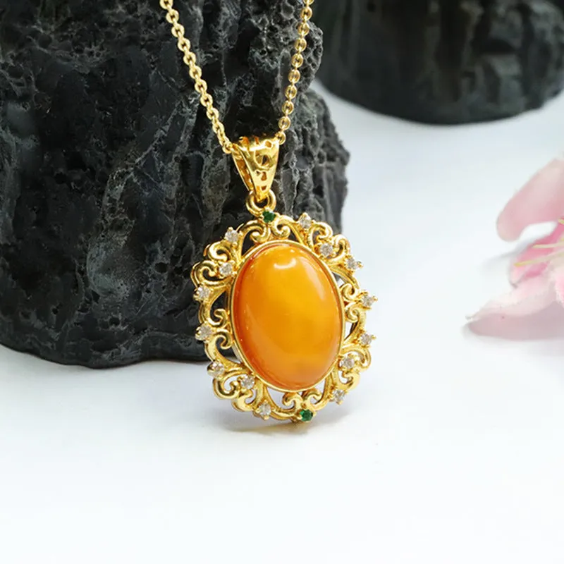 Golden Hollow Amber Pendant with Zircon Necklace crafted from Pigeon Egg Amber Surely a Treasure