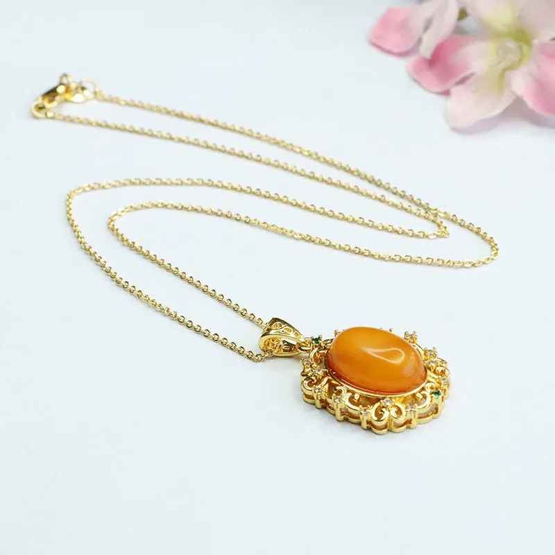 Golden Hollow Amber Pendant with Zircon Necklace crafted from Pigeon Egg Amber Surely a Treasure