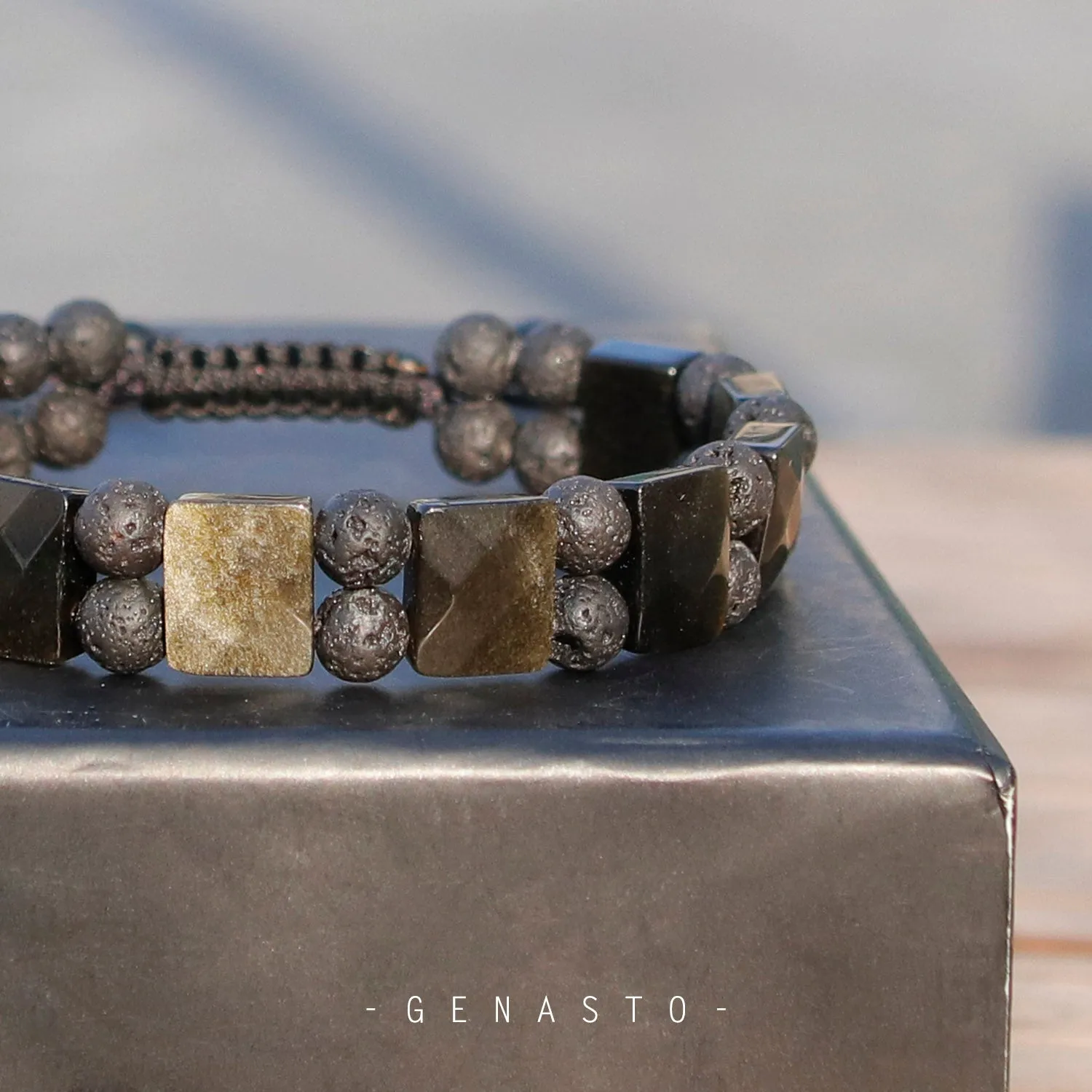 Golden Obsidian & Lava Rock, Square Flat Beads Bracelet