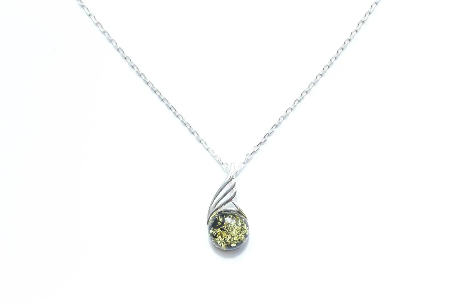 Green Amber Orb Pendant - Elegant Baltic Amber & Sterling Silver Necklace - Modern Design