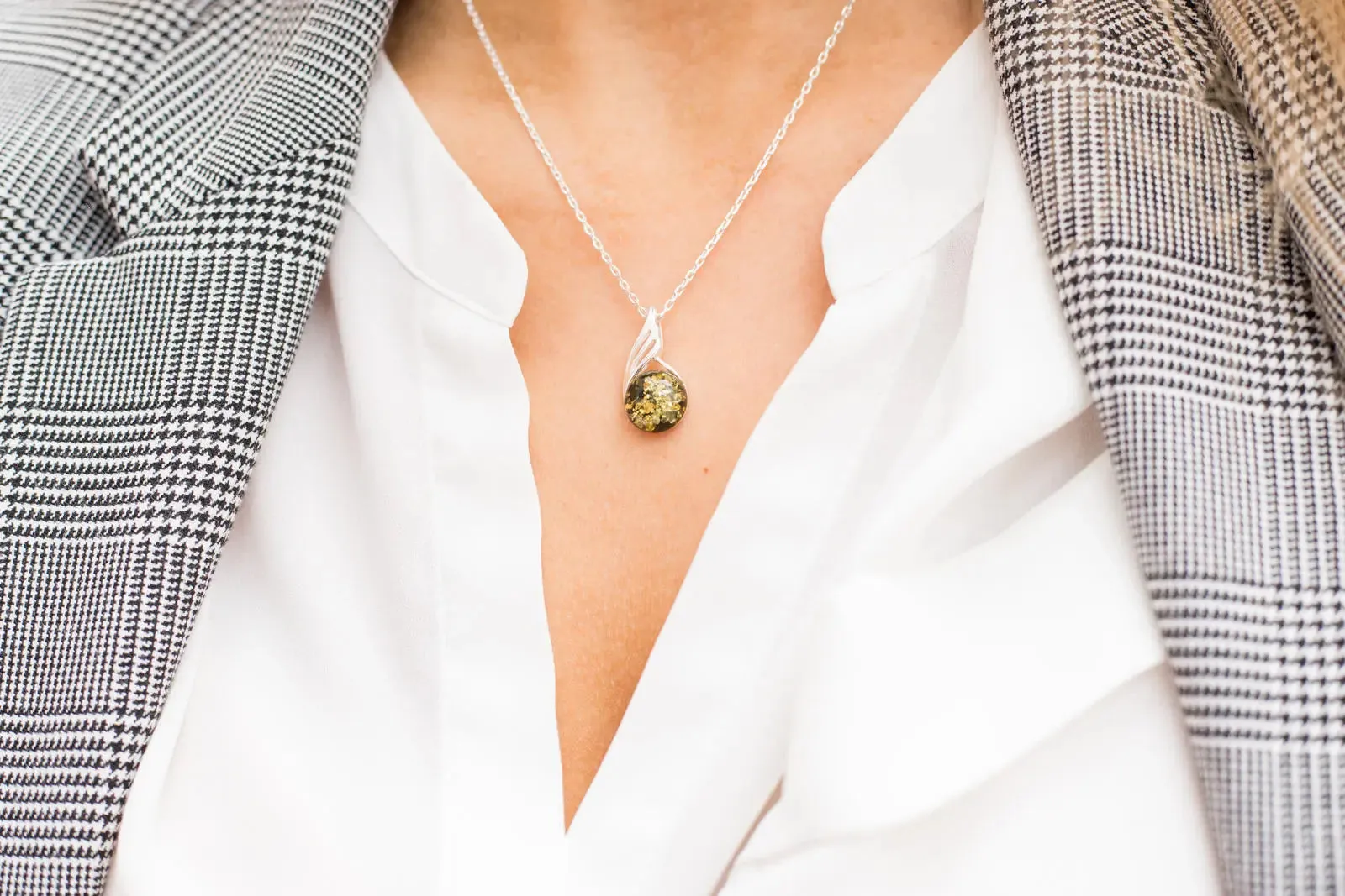 Green Amber Orb Pendant - Elegant Baltic Amber & Sterling Silver Necklace - Modern Design