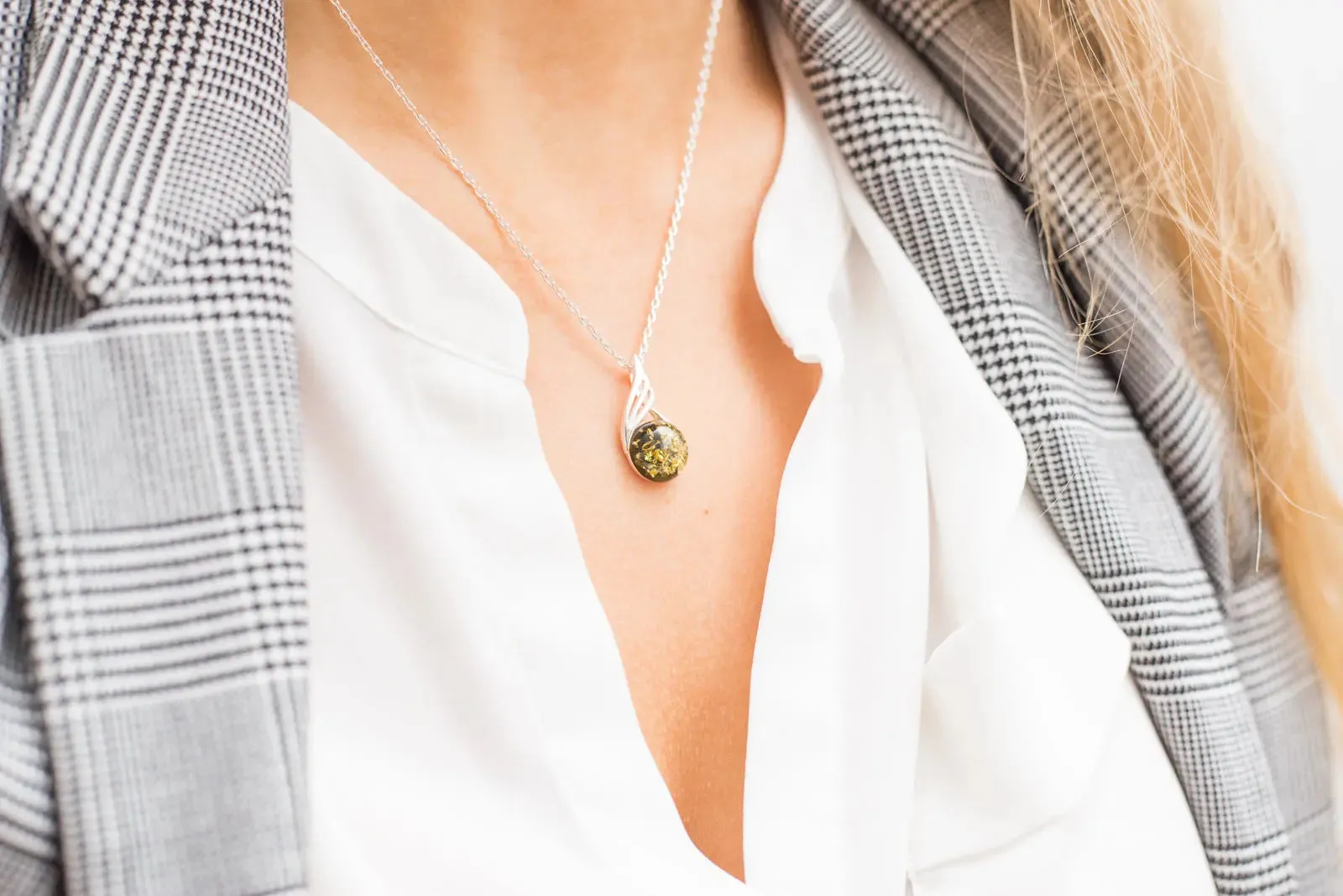 Green Amber Orb Pendant - Elegant Baltic Amber & Sterling Silver Necklace - Modern Design