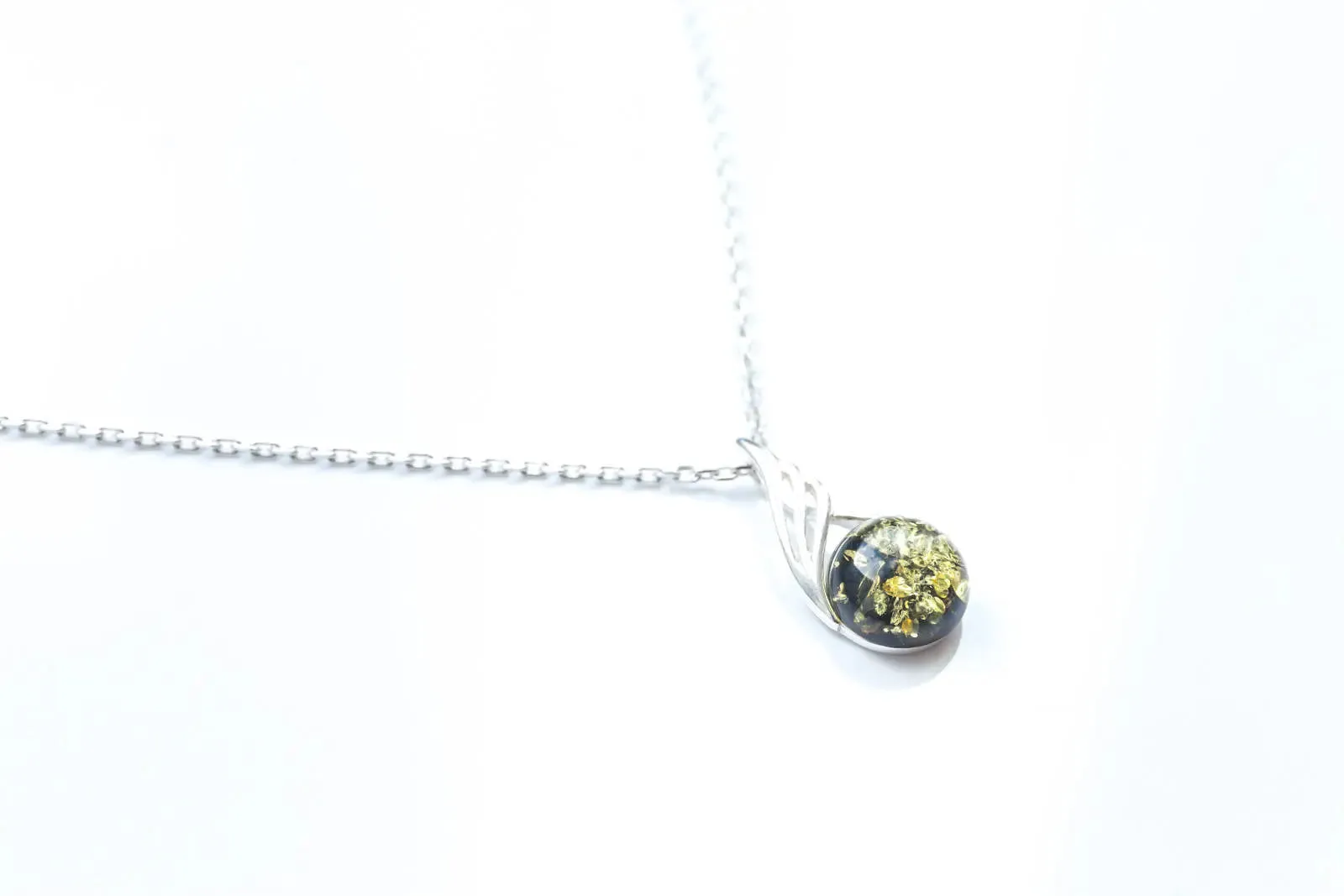Green Amber Orb Pendant - Elegant Baltic Amber & Sterling Silver Necklace - Modern Design