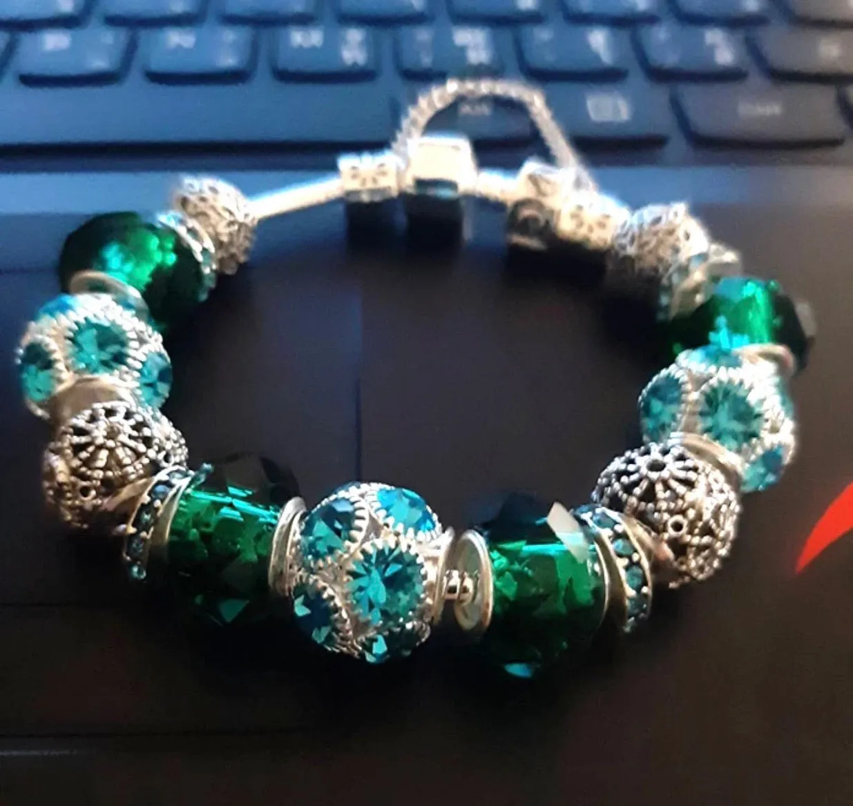 Green European style love heart flower charm bracelet