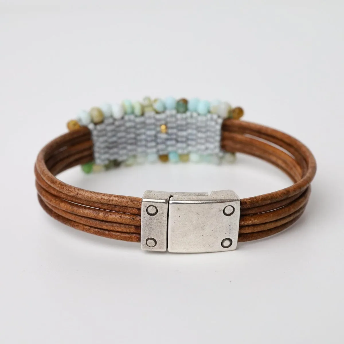 Green Opal with Silver Nugget Leather Bracelet