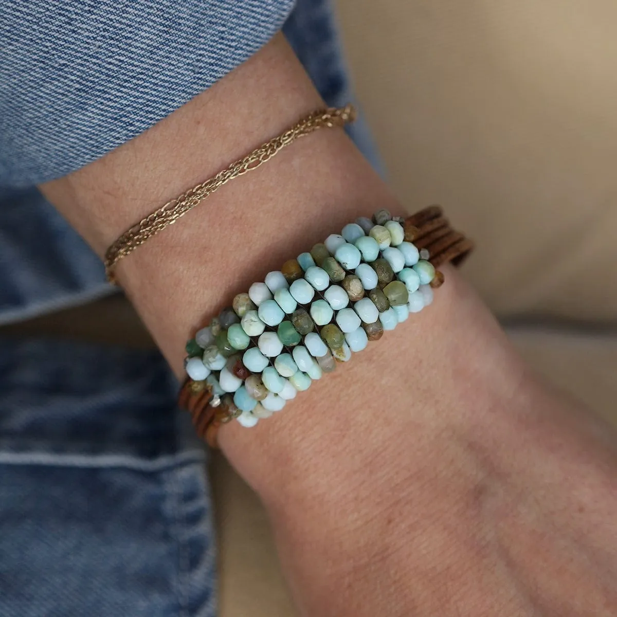 Green Opal with Silver Nugget Leather Bracelet