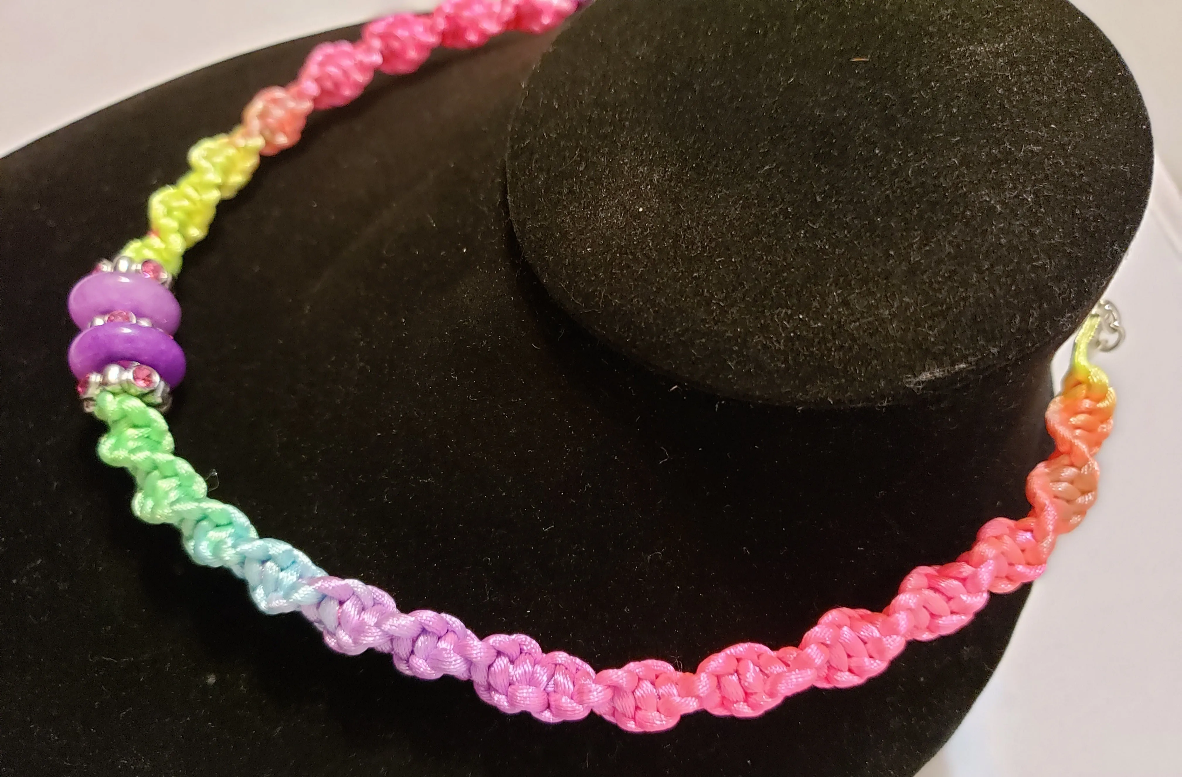Hand Crafted Rainbow Nylon "Twist Braid" Necklace with Carved Purple Jade & Austrian Crystal, Adjustable 14.5"-16" with Stainless Steel Chain & Clasp