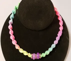 Hand Crafted Rainbow Nylon "Twist Braid" Necklace with Carved Purple Jade & Austrian Crystal, Adjustable 14.5"-16" with Stainless Steel Chain & Clasp