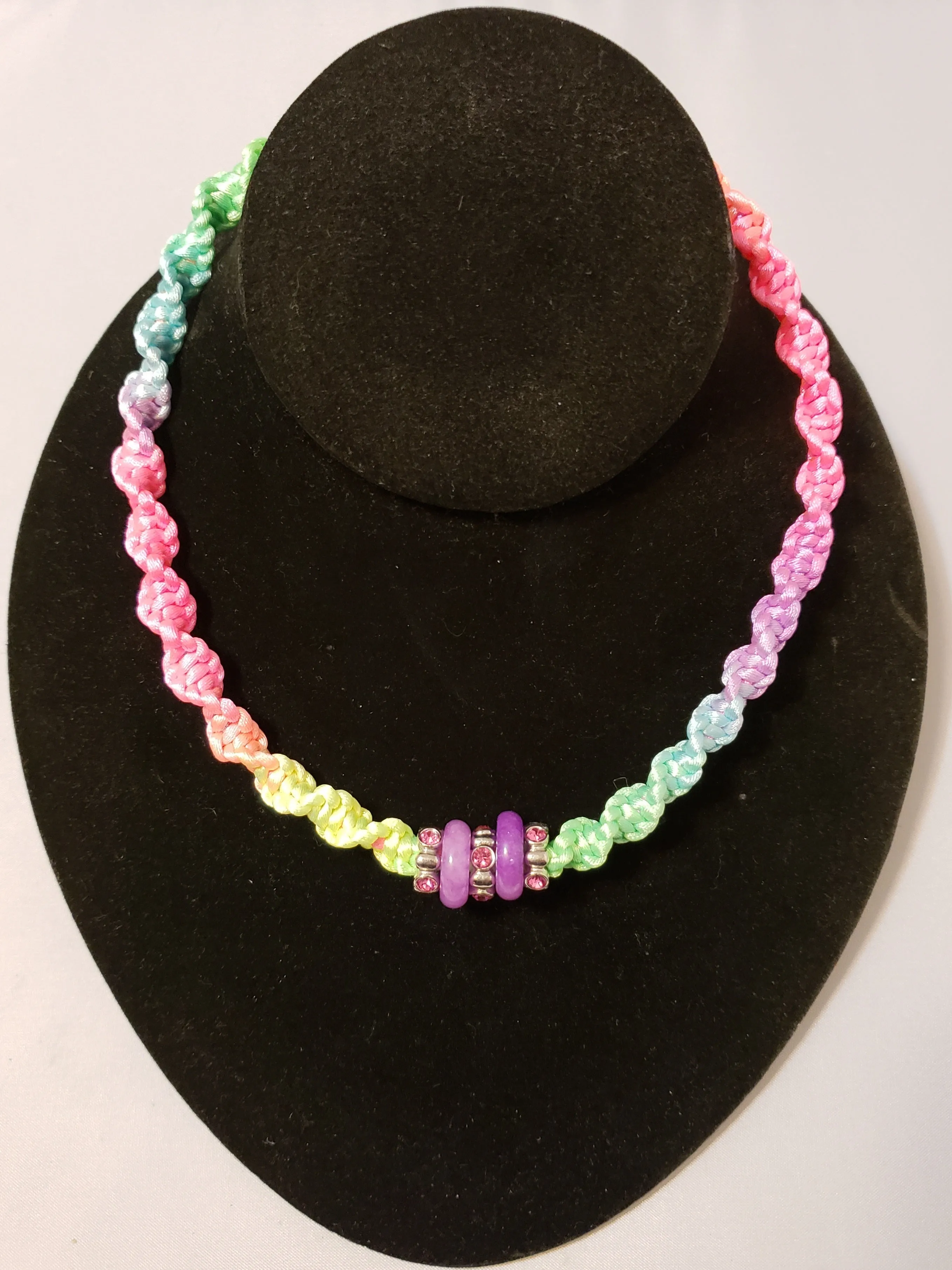 Hand Crafted Rainbow Nylon "Twist Braid" Necklace with Carved Purple Jade & Austrian Crystal, Adjustable 14.5"-16" with Stainless Steel Chain & Clasp