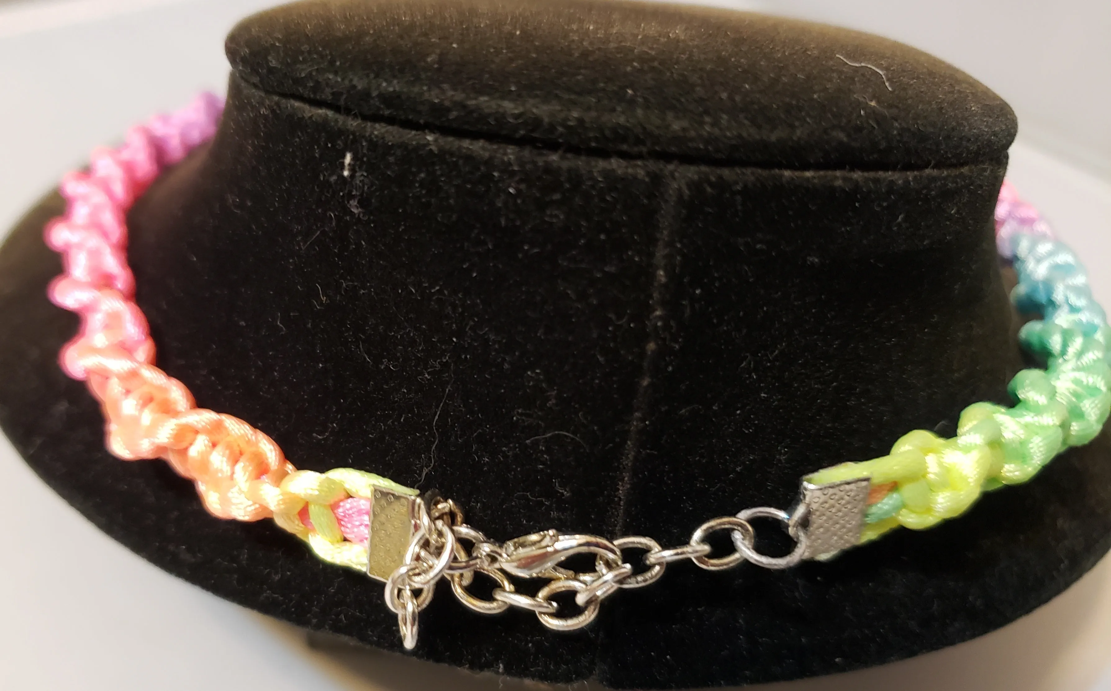 Hand Crafted Rainbow Nylon "Twist Braid" Necklace with Carved Purple Jade & Austrian Crystal, Adjustable 14.5"-16" with Stainless Steel Chain & Clasp