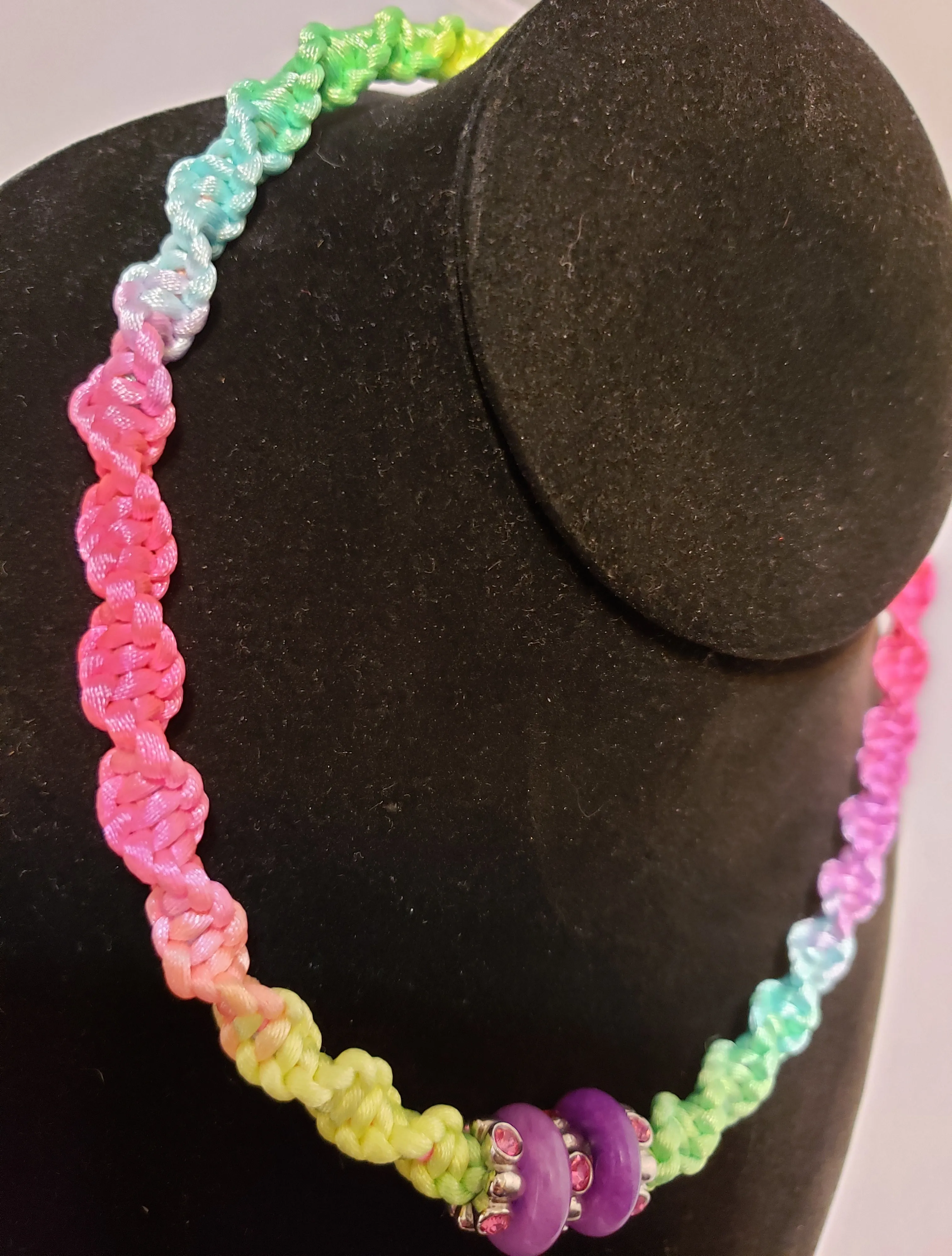Hand Crafted Rainbow Nylon "Twist Braid" Necklace with Carved Purple Jade & Austrian Crystal, Adjustable 14.5"-16" with Stainless Steel Chain & Clasp