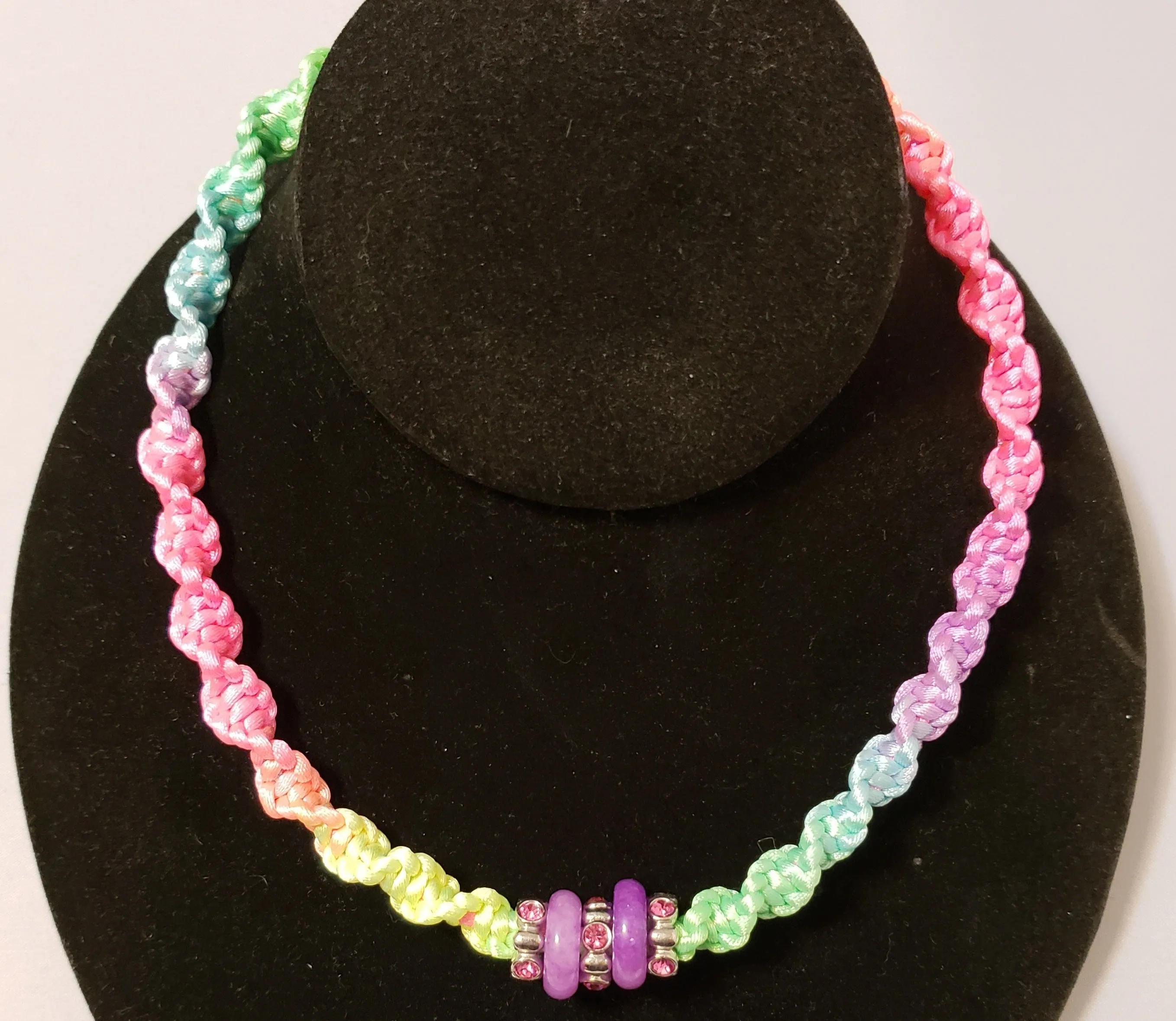 Hand Crafted Rainbow Nylon "Twist Braid" Necklace with Carved Purple Jade & Austrian Crystal, Adjustable 14.5"-16" with Stainless Steel Chain & Clasp