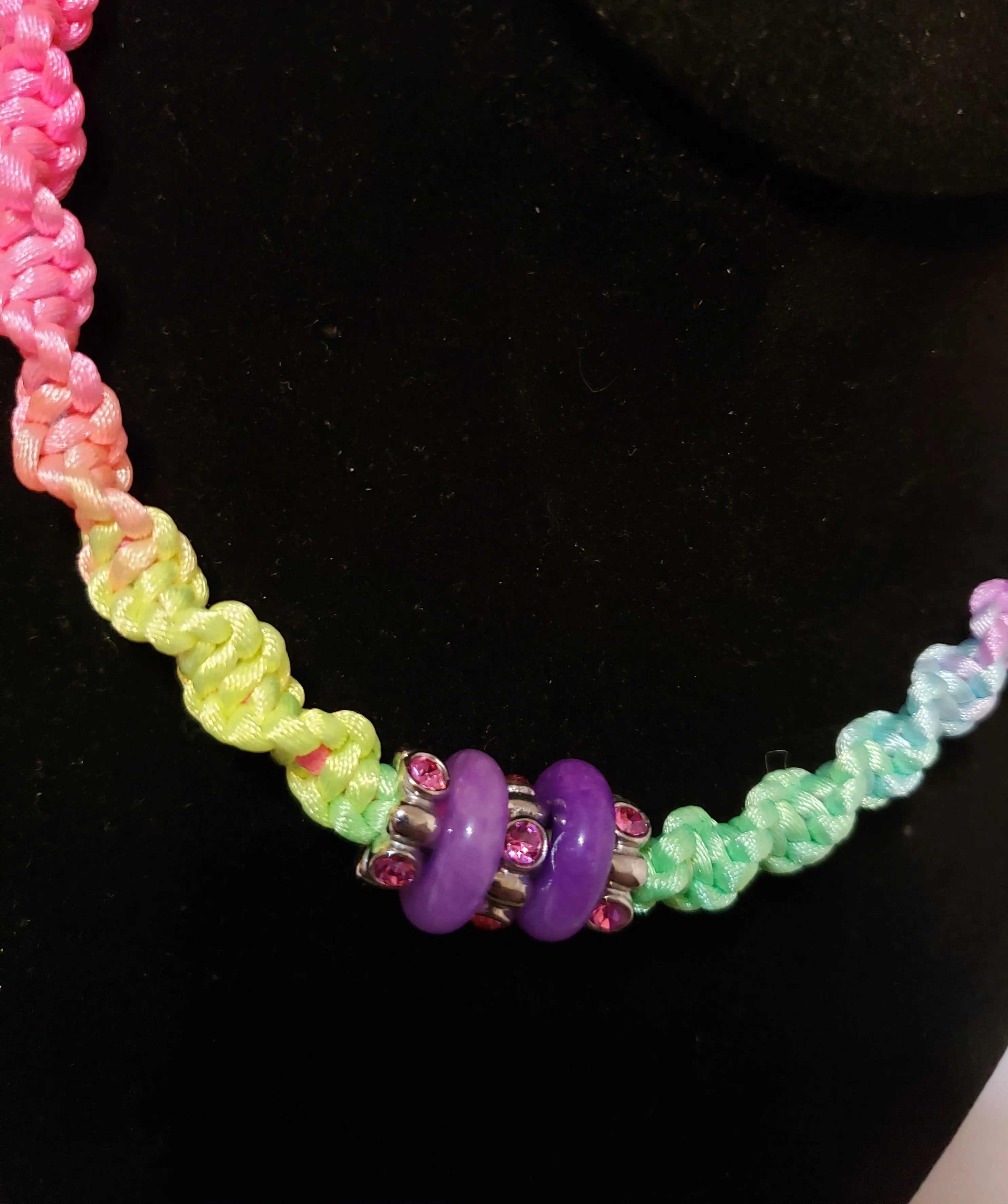 Hand Crafted Rainbow Nylon "Twist Braid" Necklace with Carved Purple Jade & Austrian Crystal, Adjustable 14.5"-16" with Stainless Steel Chain & Clasp
